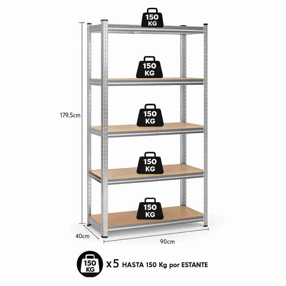 Estantería Metálica de Almacenaje Almalux® – Acero Galvanizado con 5 Baldas MDF