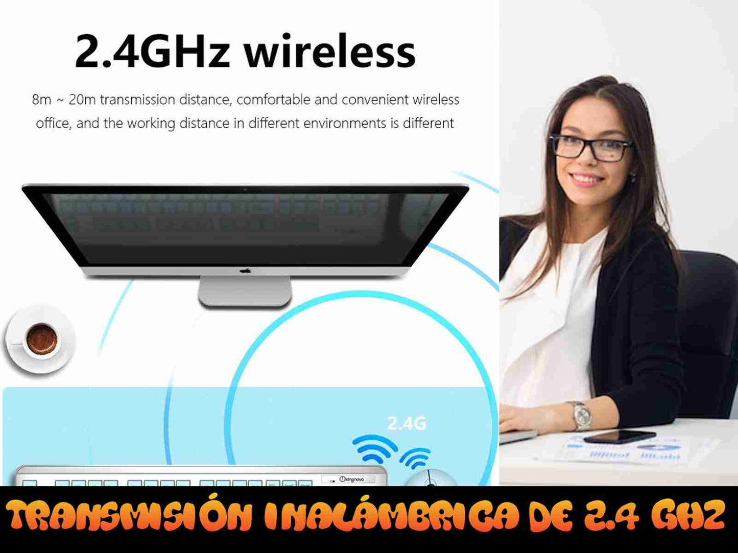 Teclado y raton inalámbrico óptico de 1200 dpi ergonómico 2 - 4G compatible con IOS y Windows Teclas silenciosas