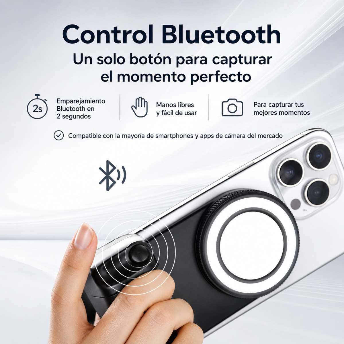 Soporte Automático Almalux® para Móvil 1 Eje con Bluetooth, Luz LED 3 Tonos y Mando Desmontable – Soporte Smartphone Horizontal/Vertical, Trípode 1/4” para Vídeos, Selfies y Streaming