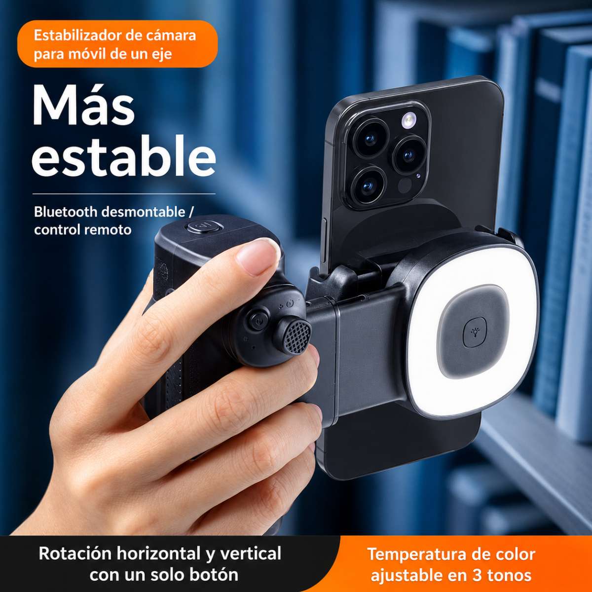 Soporte Automático Almalux® para Móvil 1 Eje con Bluetooth, Luz LED 3 Tonos y Mando Desmontable – Soporte Smartphone Horizontal/Vertical, Trípode 1/4” para Vídeos, Selfies y Streaming