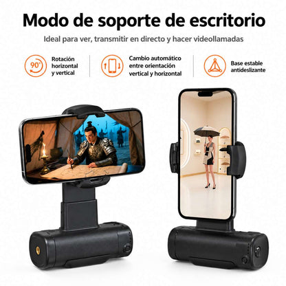 Soporte Automático Almalux® para Móvil 1 Eje con Bluetooth, Luz LED 3 Tonos y Mando Desmontable – Soporte Smartphone Horizontal/Vertical, Trípode 1/4” para Vídeos, Selfies y Streaming