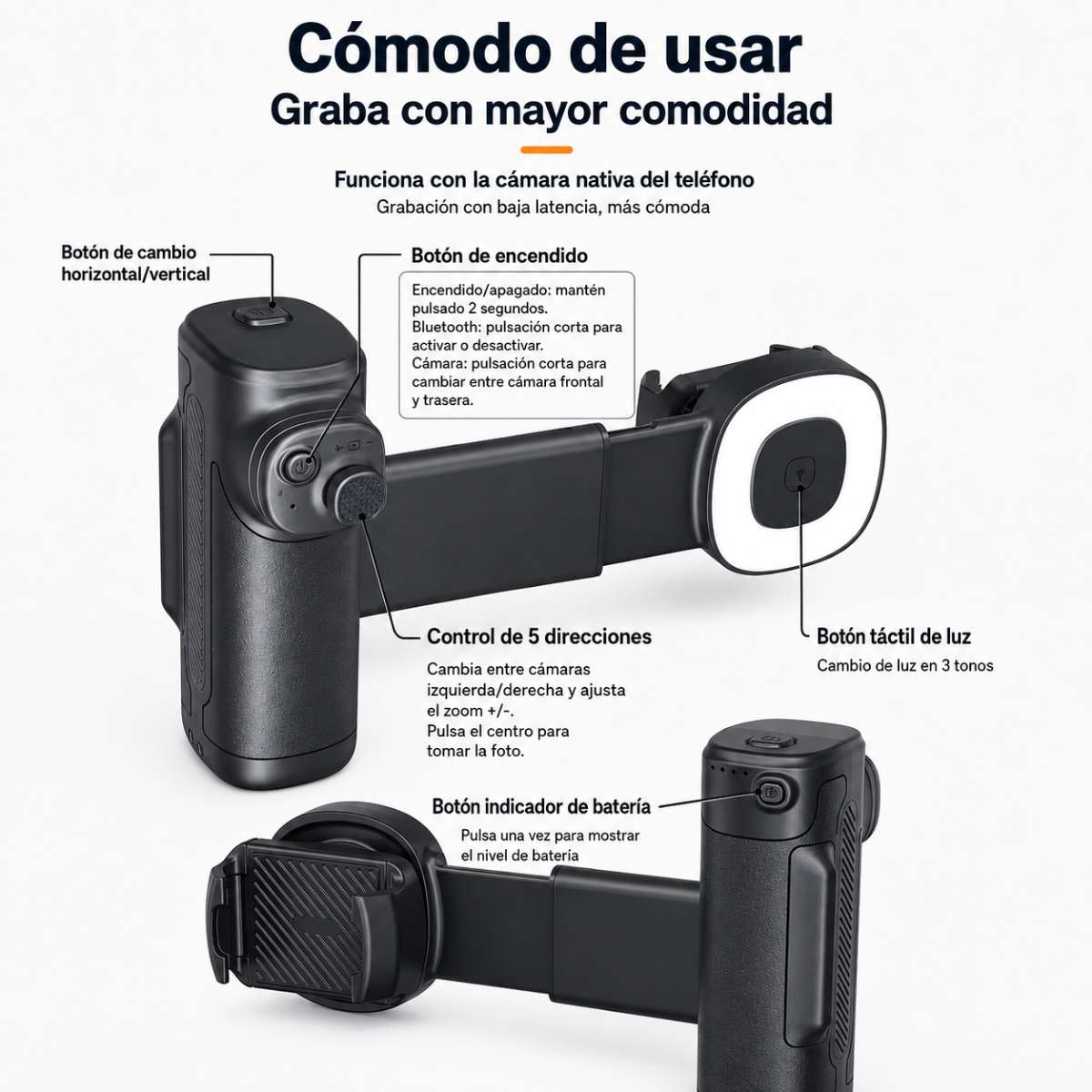 Soporte Automático Almalux® para Móvil 1 Eje con Bluetooth, Luz LED 3 Tonos y Mando Desmontable – Soporte Smartphone Horizontal/Vertical, Trípode 1/4” para Vídeos, Selfies y Streaming