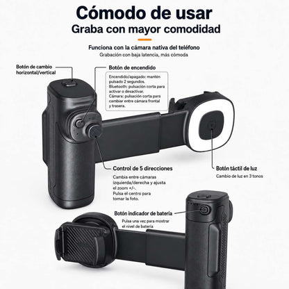 Soporte Automático Almalux® para Móvil 1 Eje con Bluetooth, Luz LED 3 Tonos y Mando Desmontable – Soporte Smartphone Horizontal/Vertical, Trípode 1/4” para Vídeos, Selfies y Streaming