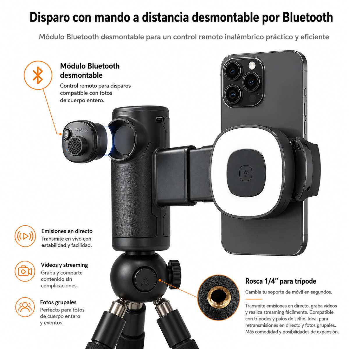 Soporte Automático Almalux® para Móvil 1 Eje con Bluetooth, Luz LED 3 Tonos y Mando Desmontable – Soporte Smartphone Horizontal/Vertical, Trípode 1/4” para Vídeos, Selfies y Streaming