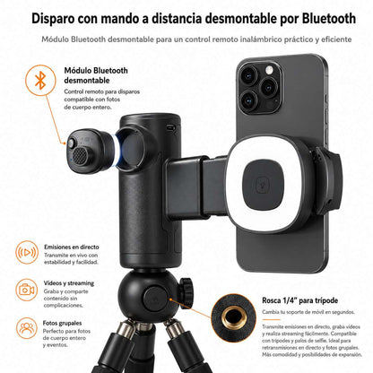 Soporte Automático Almalux® para Móvil 1 Eje con Bluetooth, Luz LED 3 Tonos y Mando Desmontable – Soporte Smartphone Horizontal/Vertical, Trípode 1/4” para Vídeos, Selfies y Streaming