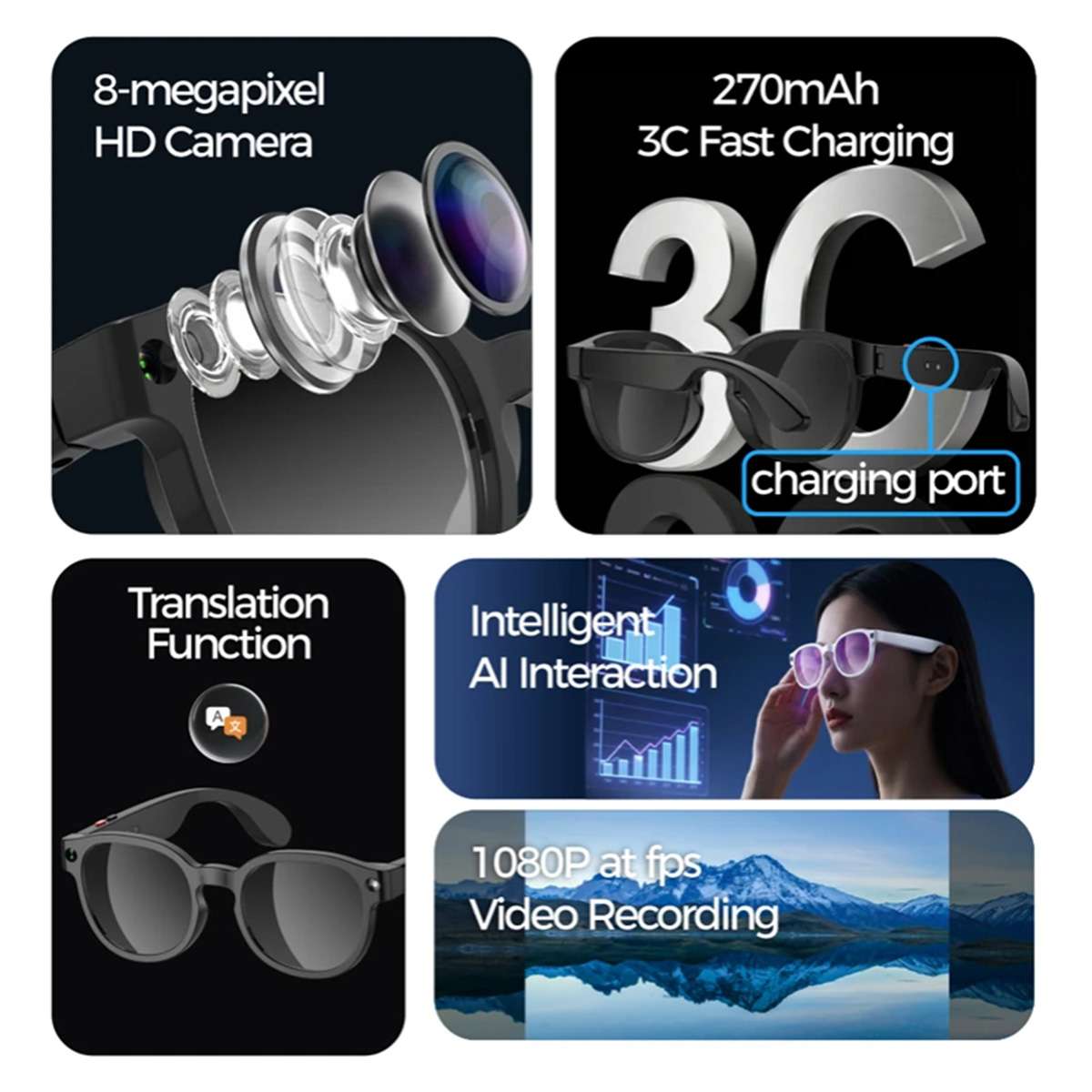 Gafas Inteligentes Almalux® AIMB-S1 con Cámara 2MP, Vídeo 1080P, Audio y Traducción IA con dos juegos de lentes de color de regalo