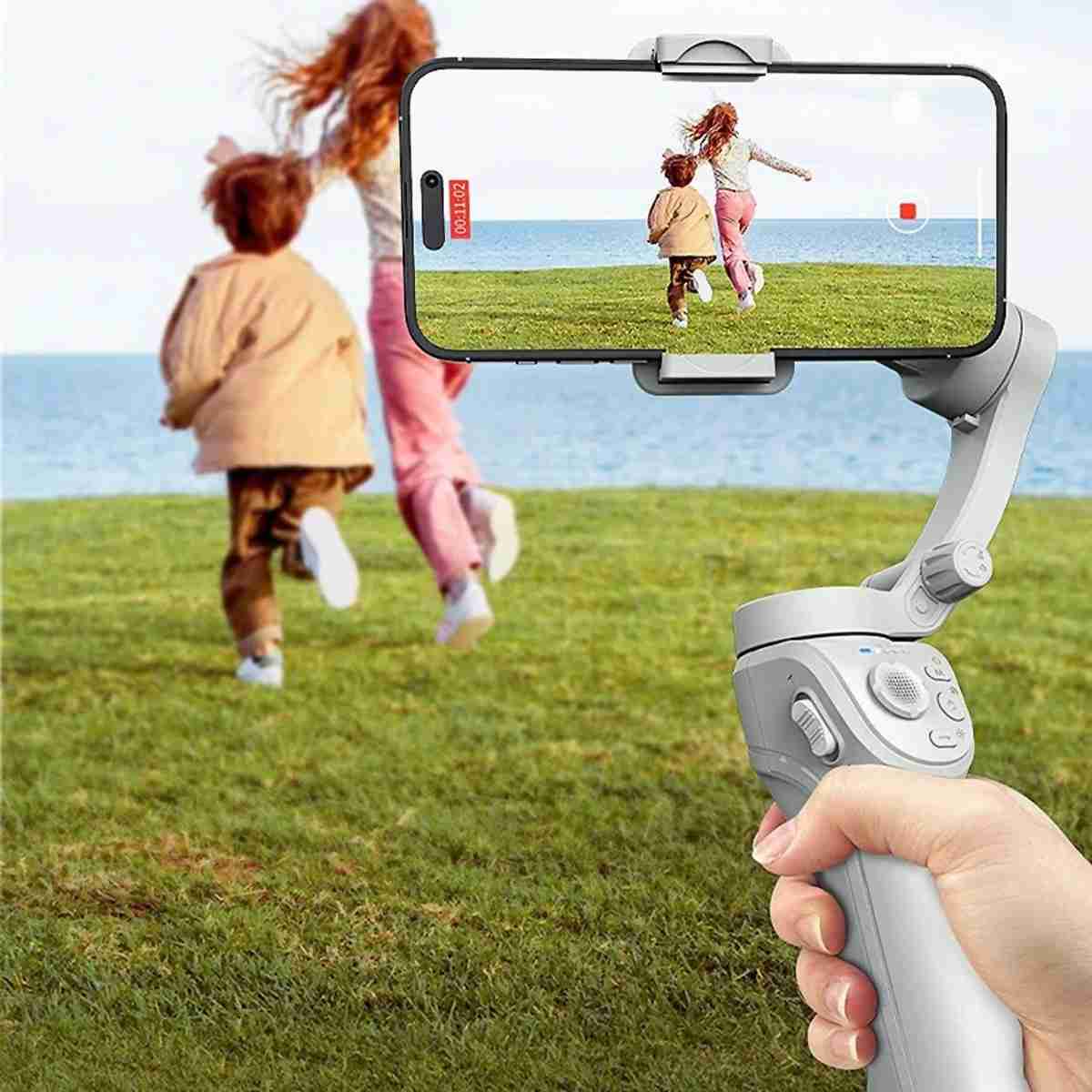 Estabilizador de Gimbal Almalux® M01 de 3 ejes con luz de relleno -  estabilizador de mano anti vibraciones para smartphone con trípode plegable -  toma de fotos desde el teléfono móvil