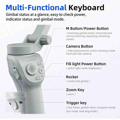 Estabilizador de Gimbal Almalux® M01 de 3 ejes con luz de relleno -  estabilizador de mano anti vibraciones para smartphone con trípode plegable -  toma de fotos desde el teléfono móvil