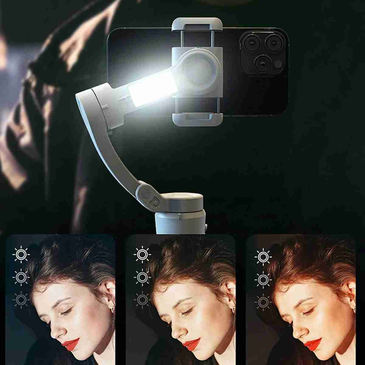 Estabilizador de Gimbal Almalux® M01 de 3 ejes con luz de relleno -  estabilizador de mano anti vibraciones para smartphone con trípode plegable -  toma de fotos desde el teléfono móvil
