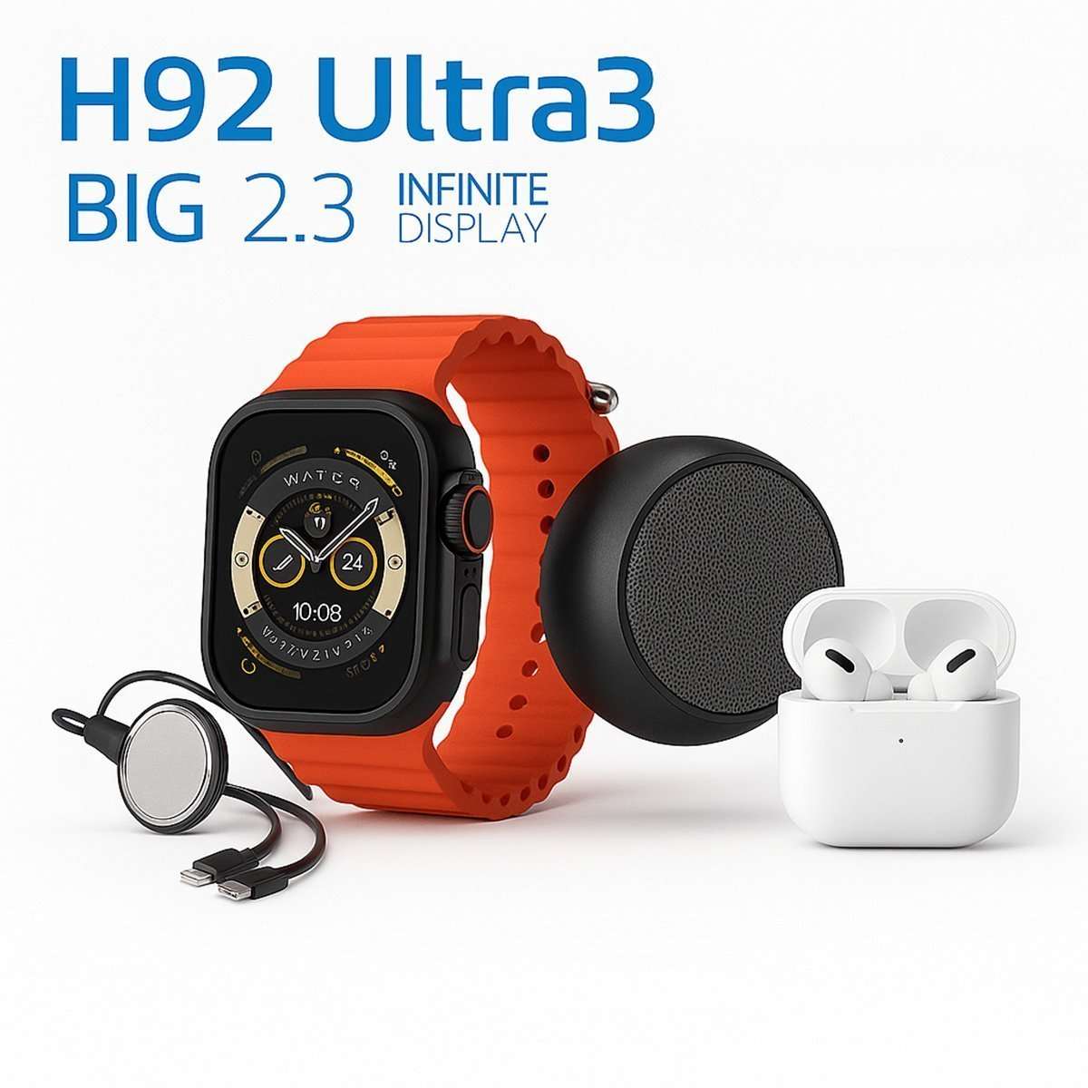 Pack Almalux® SmartWatch H92 Ultra3 – Pantalla Infinite Display 2.3”, 7 Correas, Auriculares Bluetooth, Altavoz y Cargadores Incluidos