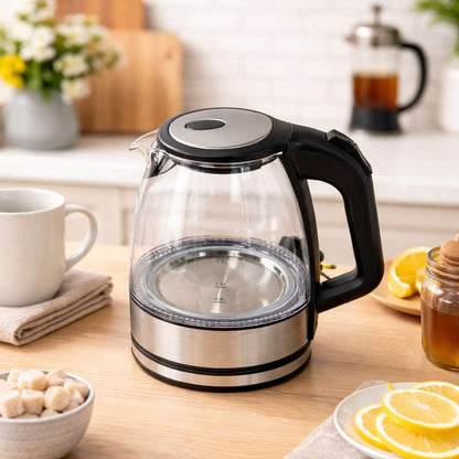 Hervidor de Agua Almalux® de Cristal 1.8L 2200W con Apagado Automático, Base 360°, Termostato de Alta Calidad y Protección contra Ebullición