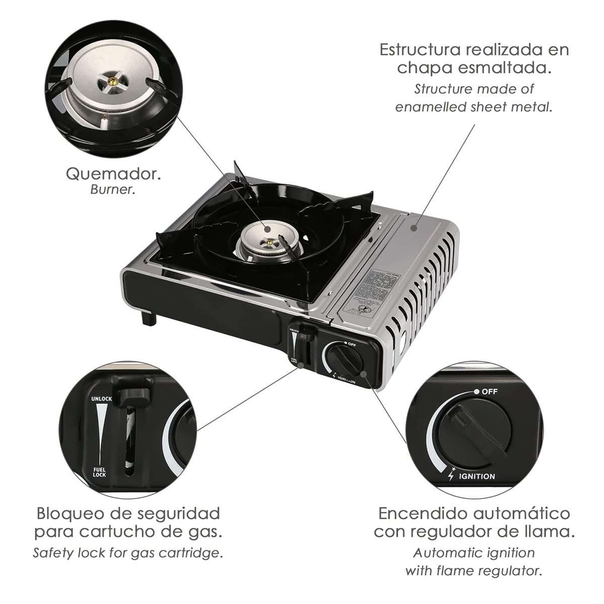 Cocina de Gas Almalux® Portátil con Maletín – Inoxidable, Encendido Piezoeléctrico, para Cartuchos de 230g