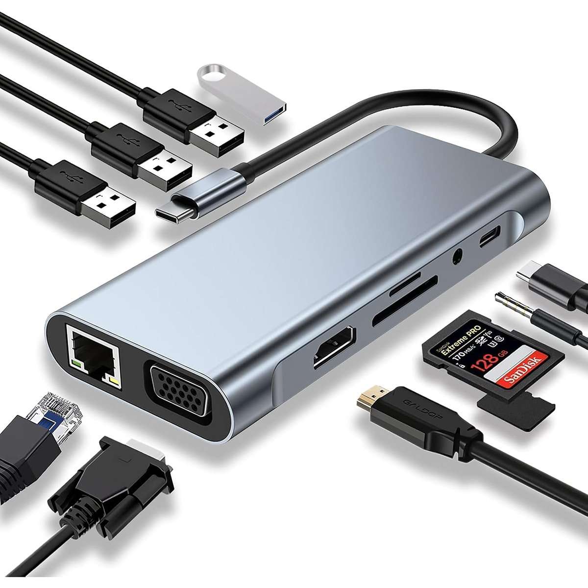 Adaptador Almalux® HUB USB-C a HDTV 10 en 1, 4K HDMI, VGA, Puertos USB 3.0, PD, Gigabit Ethernet RJ45, Tarjetas SD/TF, Compatible con Dispositivos MacBook Pro/Air y TIPO-C