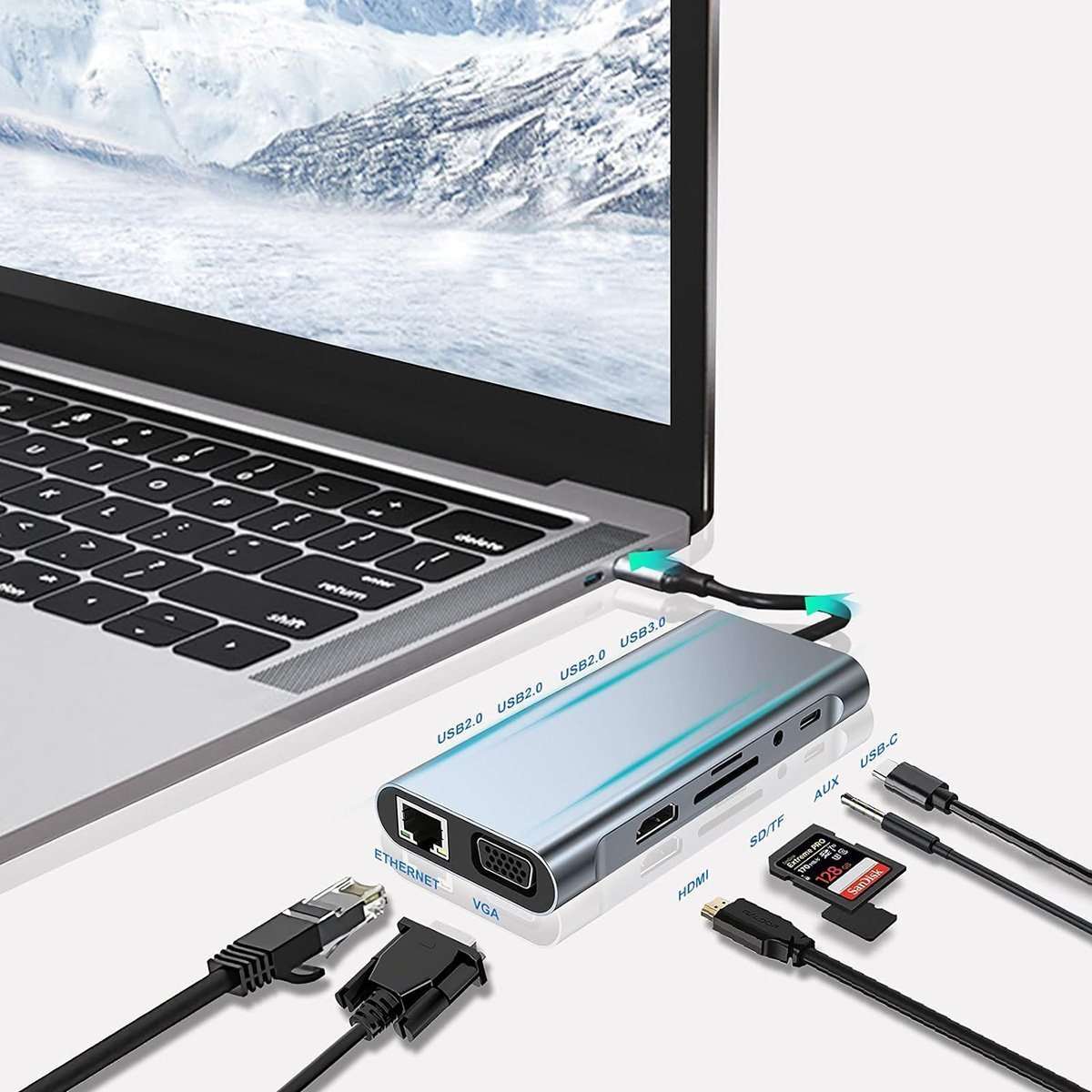 Adaptador Almalux® HUB USB-C a HDTV 10 en 1, 4K HDMI, VGA, Puertos USB 3.0, PD, Gigabit Ethernet RJ45, Tarjetas SD/TF, Compatible con Dispositivos MacBook Pro/Air y TIPO-C