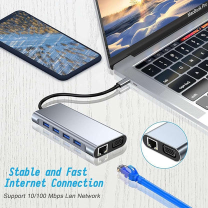 Adaptador Almalux® HUB USB-C a HDTV 10 en 1, 4K HDMI, VGA, Puertos USB 3.0, PD, Gigabit Ethernet RJ45, Tarjetas SD/TF, Compatible con Dispositivos MacBook Pro/Air y TIPO-C