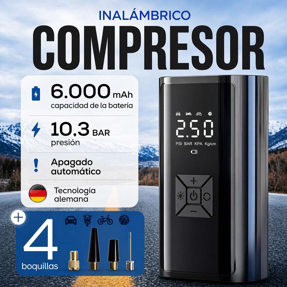 Compresor de Aire Portátil Inalámbrico Almalux® 6000 mAh 10,3 Bar con Pantalla Digital y Luz LED