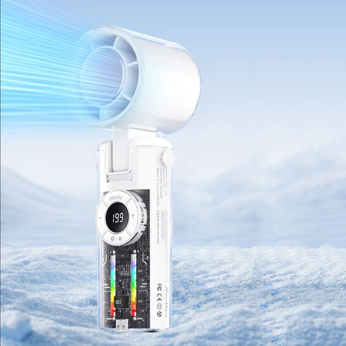 Ventilador de Mano Almalux® Mini JF158 Alta Potencia – 5 Modos de Viento, Modo Enfriamiento, Cabezal Ajustable, Linterna LED y Batería de 4000 mAh