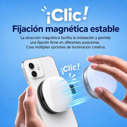 Espejo Selfie Almalux® Magnético para Móvil con Luz LED, Giro 360° y 270°, Extensible y Recargable USB-C – Luz de Relleno para Fotos, Vídeos, Vlogs y Directos