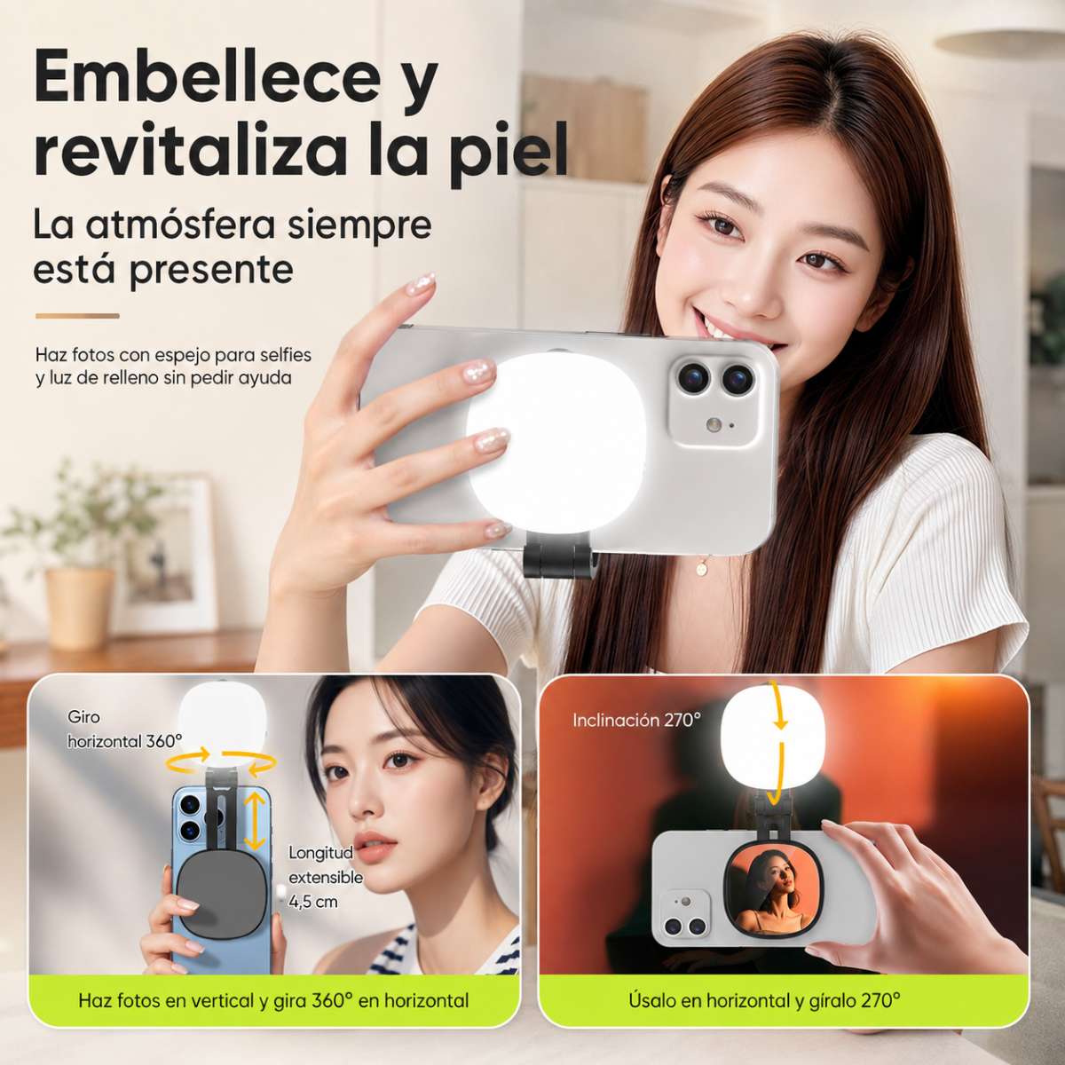 Espejo Selfie Almalux® Magnético para Móvil con Luz LED, Giro 360° y 270°, Extensible y Recargable USB-C – Luz de Relleno para Fotos, Vídeos, Vlogs y Directos