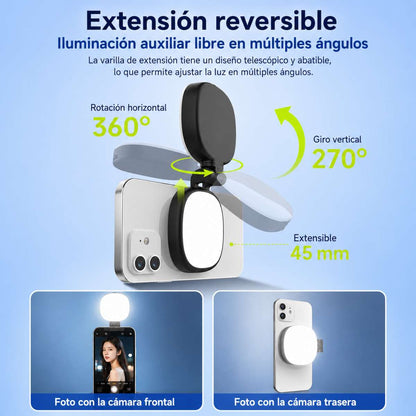 Espejo Selfie Almalux® Magnético para Móvil con Luz LED, Giro 360° y 270°, Extensible y Recargable USB-C – Luz de Relleno para Fotos, Vídeos, Vlogs y Directos