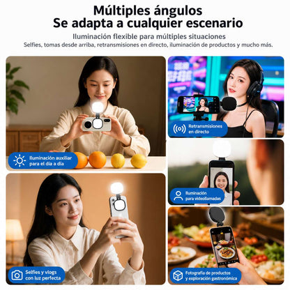Espejo Selfie Almalux® Magnético para Móvil con Luz LED, Giro 360° y 270°, Extensible y Recargable USB-C – Luz de Relleno para Fotos, Vídeos, Vlogs y Directos