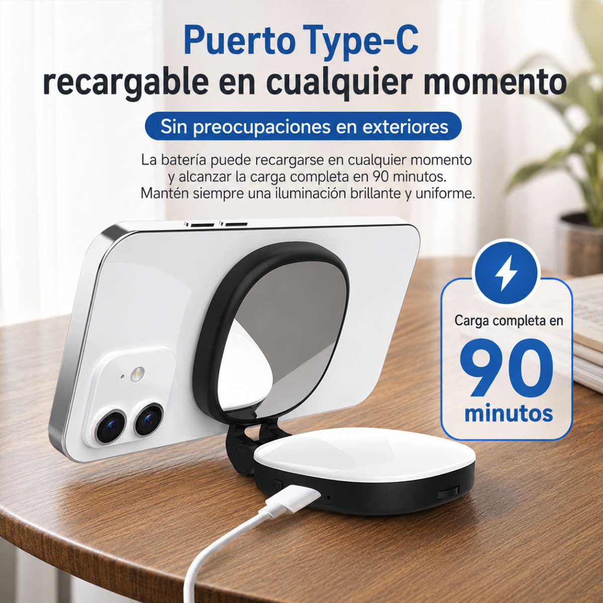 Espejo Selfie Almalux® Magnético para Móvil con Luz LED, Giro 360° y 270°, Extensible y Recargable USB-C – Luz de Relleno para Fotos, Vídeos, Vlogs y Directos
