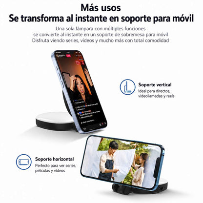 Espejo Selfie Almalux® Magnético para Móvil con Luz LED, Giro 360° y 270°, Extensible y Recargable USB-C – Luz de Relleno para Fotos, Vídeos, Vlogs y Directos