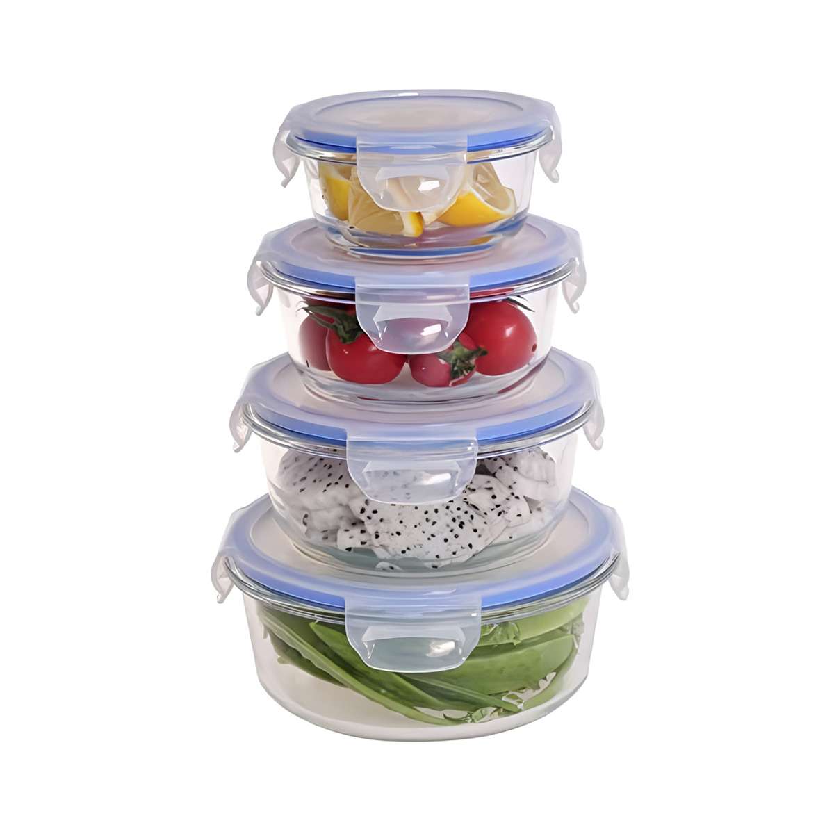 Set de 4 Fiambreras/Tuppers Almalux® Redondos de Vidrio Borosilicato con Tapas BPA Free - 210 ml, 400 ml, 650 ml y 950 ml