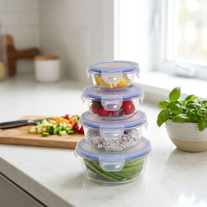 Set de 4 Fiambreras/Tuppers Almalux® Redondos de Vidrio Borosilicato con Tapas BPA Free - 210 ml, 400 ml, 650 ml y 950 ml