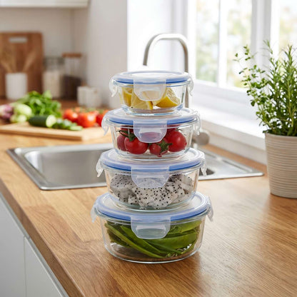 Set de 4 Fiambreras/Tuppers Almalux® Redondos de Vidrio Borosilicato con Tapas BPA Free - 210 ml, 400 ml, 650 ml y 950 ml