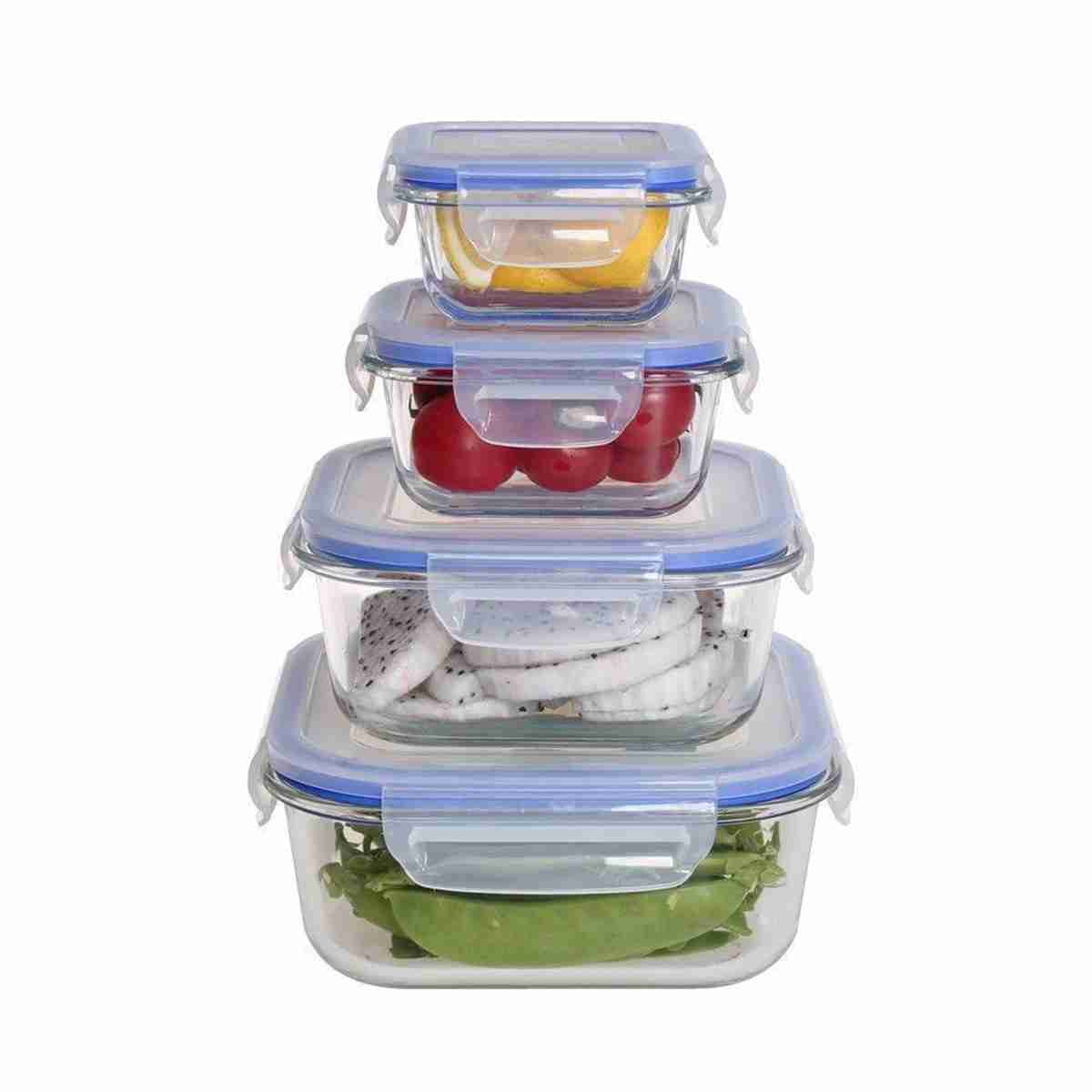 Juego de 4 fiambreras cuadradas realizadas en vidrio con tapa Almalux® -  Capacidades: 150 -  320 -  800 y 1100 ml