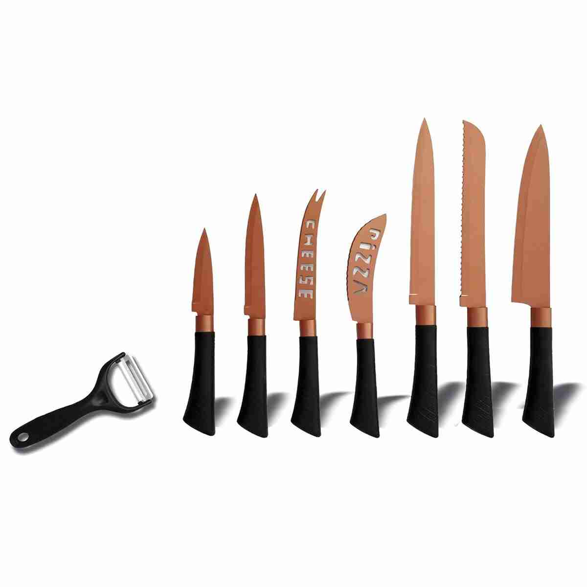 Conjunto de 8 cuchillos de cocina Almalux® -  hojas de acero inoxidable en color cobre.