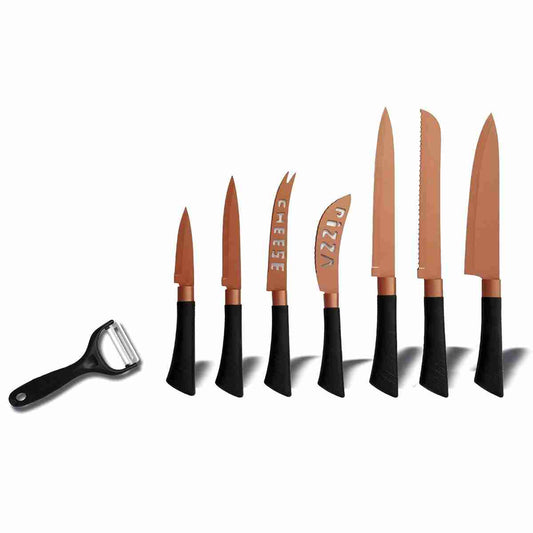 Conjunto de 8 cuchillos de cocina Almalux® -  hojas de acero inoxidable en color cobre.