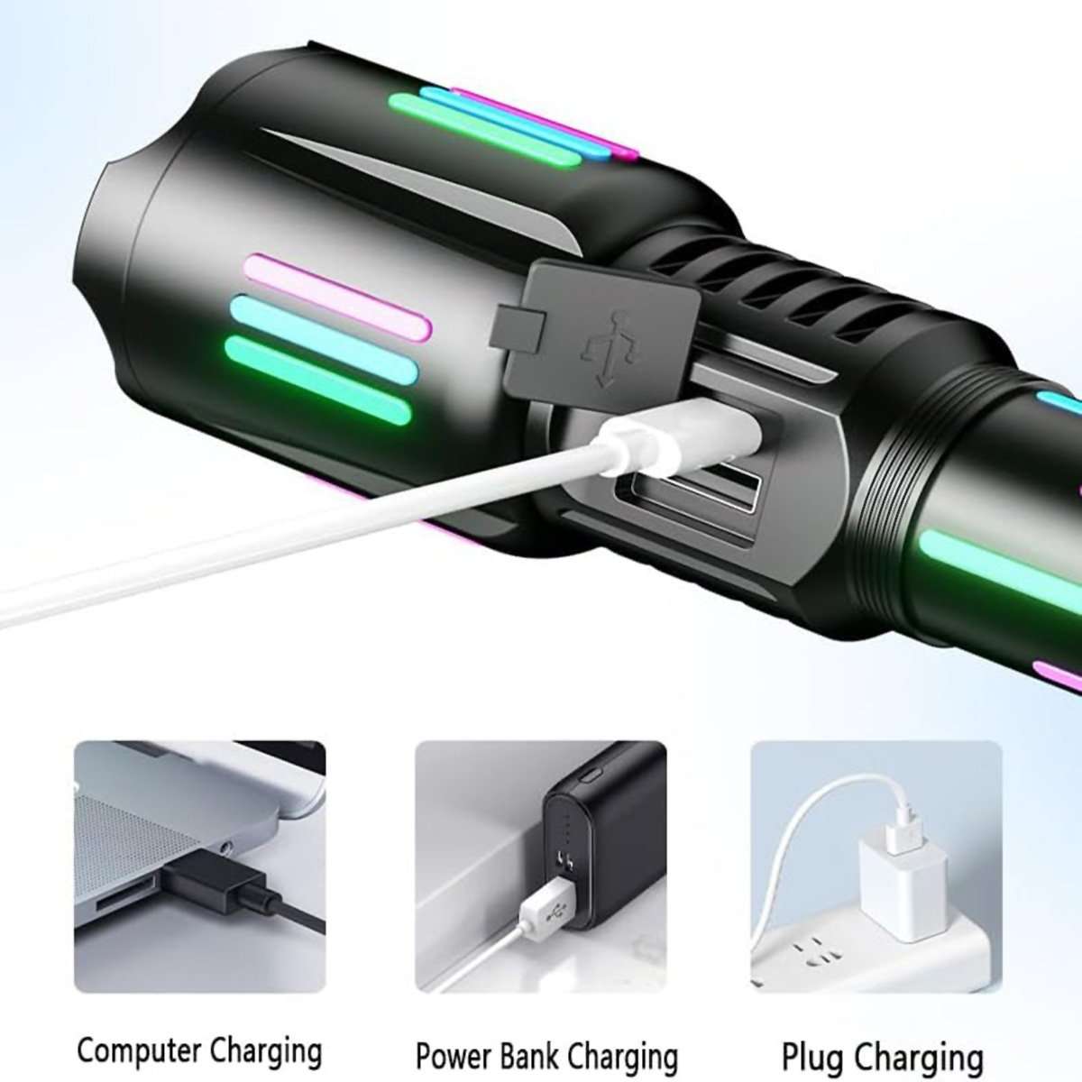 Linterna PowerBank Almalux® Recargable – Súper Brillante, Táctica, Impermeable, con Pantalla LCD y 5 Modos de Iluminación