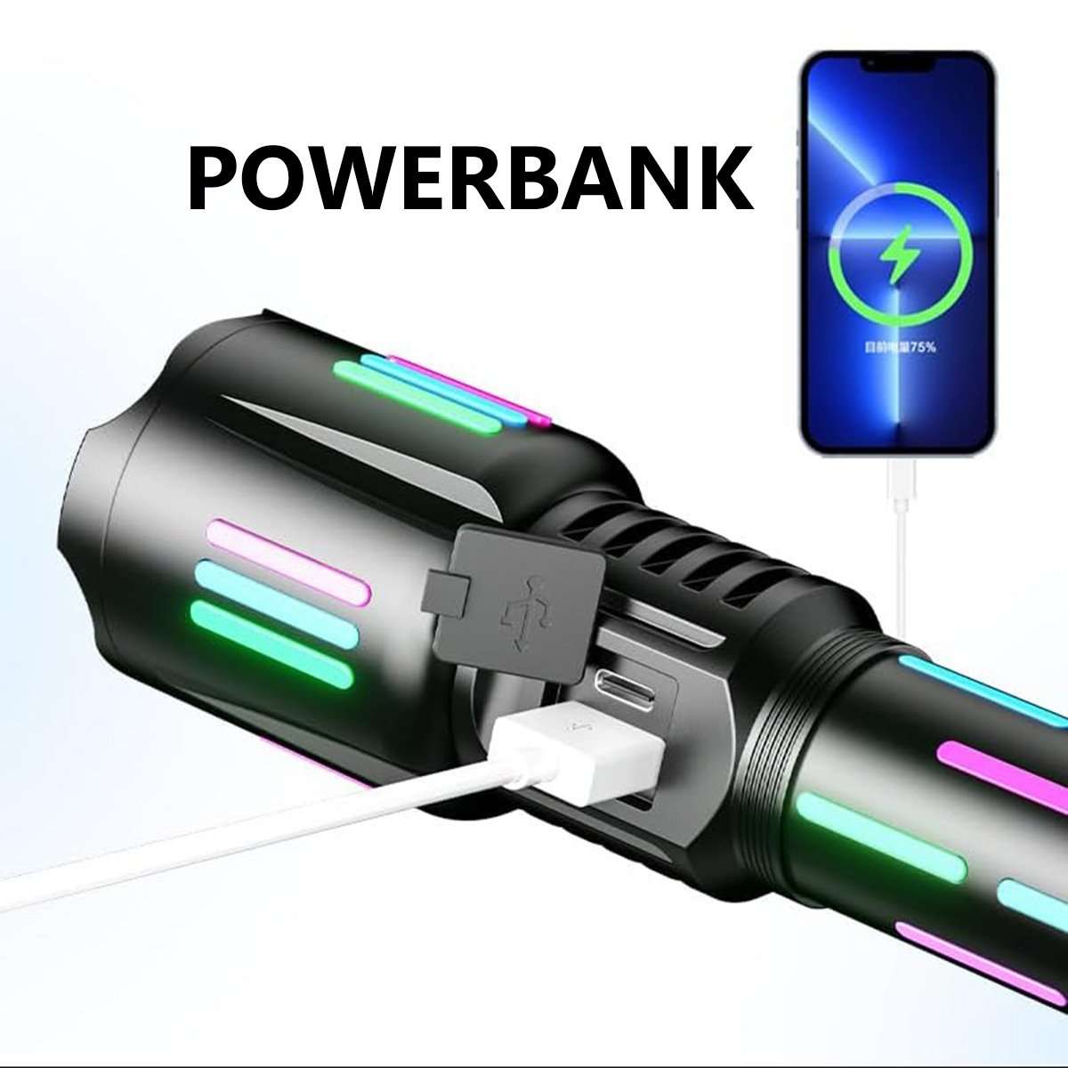 Linterna PowerBank Almalux® Recargable – Súper Brillante, Táctica, Impermeable, con Pantalla LCD y 5 Modos de Iluminación