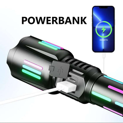 Linterna PowerBank Almalux® Recargable – Súper Brillante, Táctica, Impermeable, con Pantalla LCD y 5 Modos de Iluminación