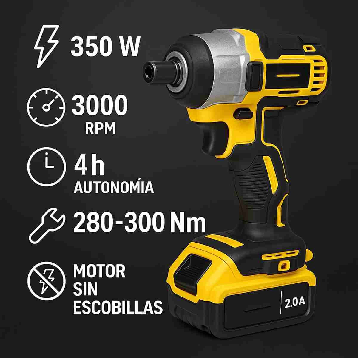 Llave de Impacto Inalámbrica Almalux® 350W Brushless – 3000 RPM y 300 Nm con Vasos de Impacto