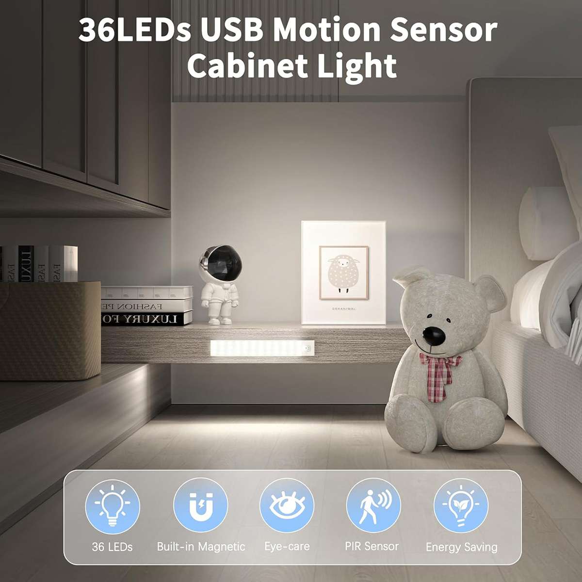 Pack 2 Luces LED para Armario Almalux® con Sensor de Movimiento, 36 LED, 6000K, Magnéticas, USB Recargables 1000mAh, 4 Modos