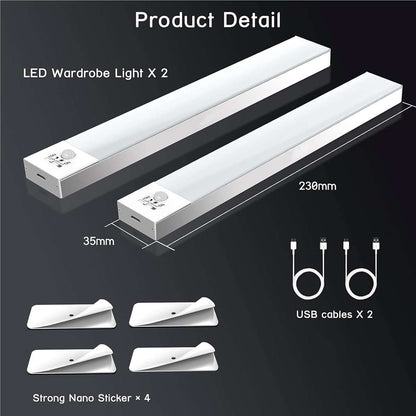 Pack 2 Luces LED para Armario Almalux® con Sensor de Movimiento, 36 LED, 6000K, Magnéticas, USB Recargables 1000mAh, 4 Modos