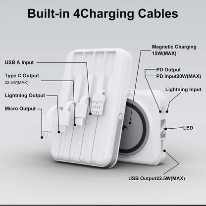 Powerbank Batería magnética Almalux® de 10000mAh con carga inalámbrica 15W, soporte plegable, pantalla LED y 4 cables integrados