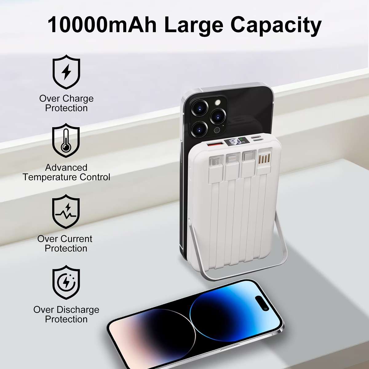 Powerbank Batería magnética Almalux® de 10000mAh con carga inalámbrica 15W, soporte plegable, pantalla LED y 4 cables integrados