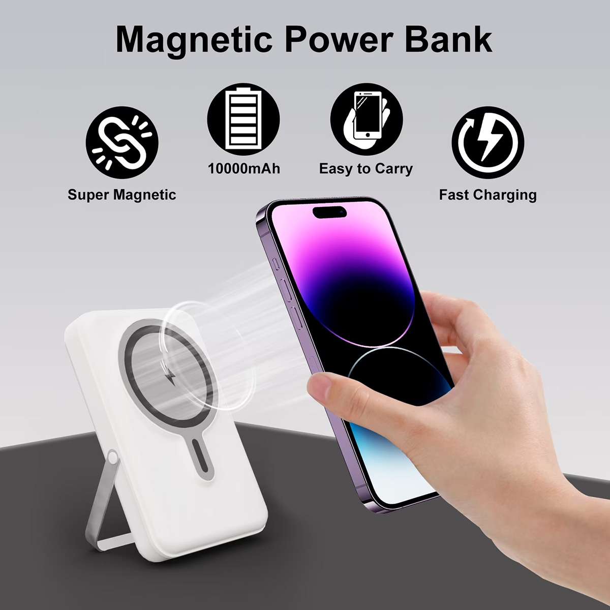 Powerbank Batería magnética Almalux® de 10000mAh con carga inalámbrica 15W, soporte plegable, pantalla LED y 4 cables integrados