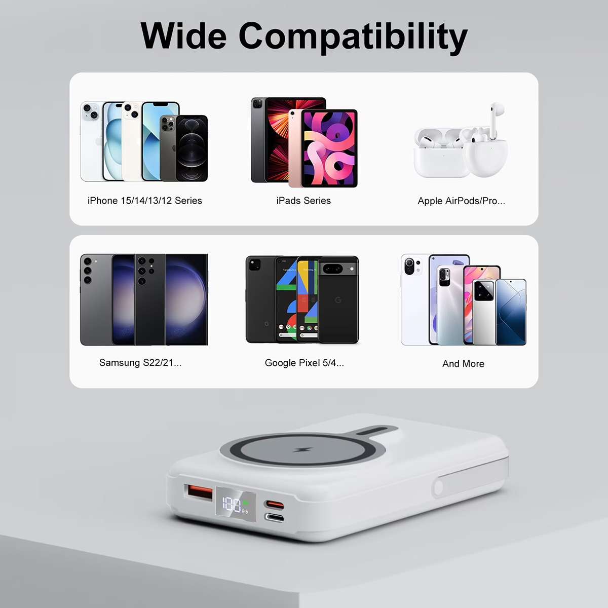 Powerbank Batería magnética Almalux® de 10000mAh con carga inalámbrica 15W, soporte plegable, pantalla LED y 4 cables integrados