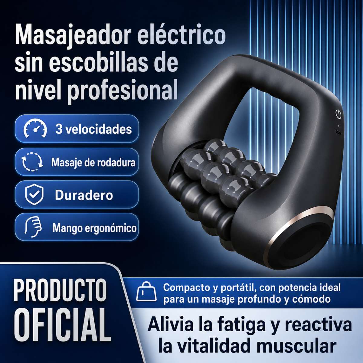 Masajeador Eléctrico Almalux® de Rodillo Muscular Profesional - Rodillo de Masaje de Mano con 3 Velocidades, Motor Sin Escobillas y Diseño Ergonómico para Alivio Muscular, Recuperación Deportiva y Tensión Lumbar