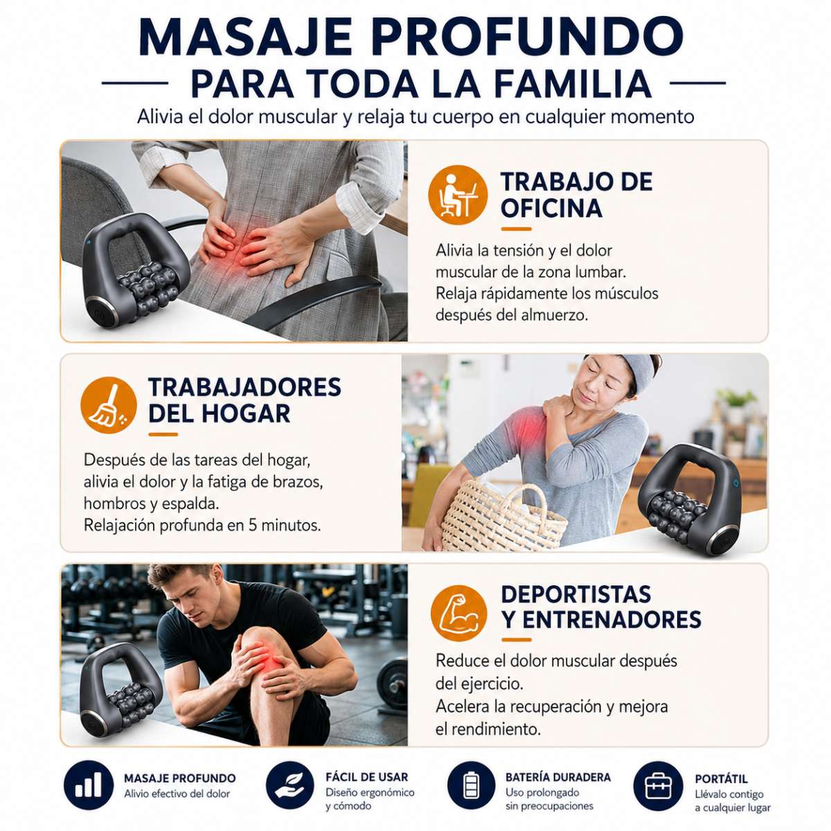 Masajeador Eléctrico Almalux® de Rodillo Muscular Profesional - Rodillo de Masaje de Mano con 3 Velocidades, Motor Sin Escobillas y Diseño Ergonómico para Alivio Muscular, Recuperación Deportiva y Tensión Lumbar