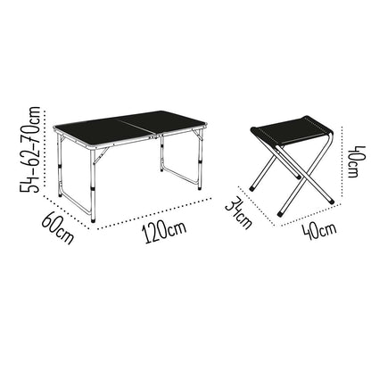 Mesa plegable Almalux® para Camping / Playa con 4 sillas y regulable en altura