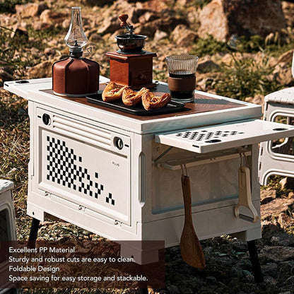 Mesa / Caja de Almacenaje Plegable Multifuncional Almalux® de 56L con Apertura en 4 Direcciones, para camping, hogar, coche, caravana y organización diaria