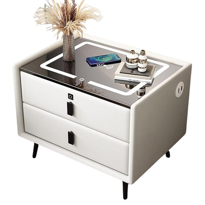 Mesilla de noche inteligente Almalux® con luces LED, estación de carga inalámbrica, Sensor de Huella, 2 cajones y puertos USB en Blanco Pálido