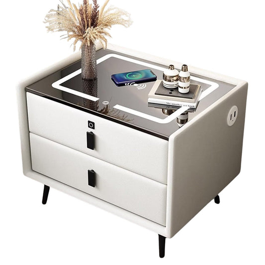 Mesilla de noche inteligente Almalux® con luces LED, estación de carga inalámbrica, Sensor de Huella, 2 cajones y puertos USB en Blanco Pálido