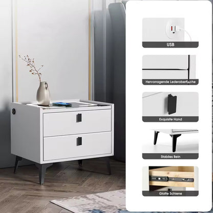 Mesilla de noche inteligente Almalux® con luces LED, estación de carga inalámbrica, Sensor de Huella, 2 cajones y puertos USB en Blanco Pálido